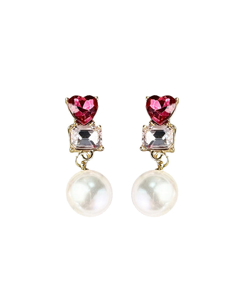 Stylish Red Sterling Silver Zircon Love Crystal Pearl Drop Earrings