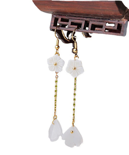 Simple White Coloured Glaze Tassel 14k Gold Drop Earrings