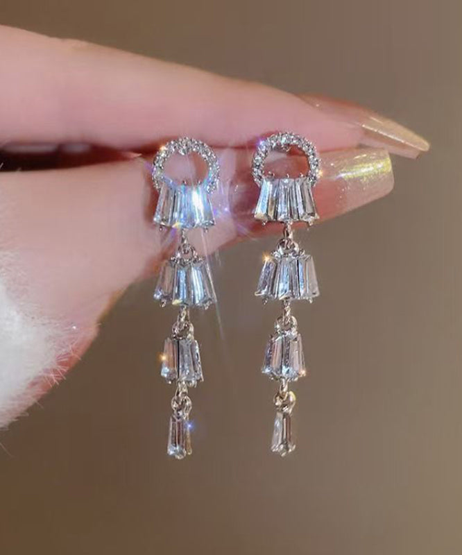 White Alloy Zircon Tassel Drop Earrings