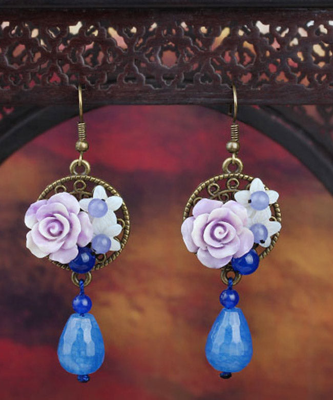 Blue Copper Shell Flower Chalcedony Drop Earrings