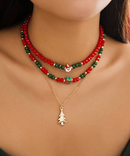 Korean Red and Green Crystal Beaded Clavicle Necklace