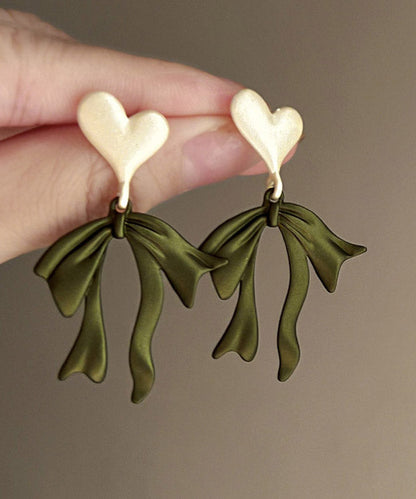 Green Metal Love Bow Drop Earrings