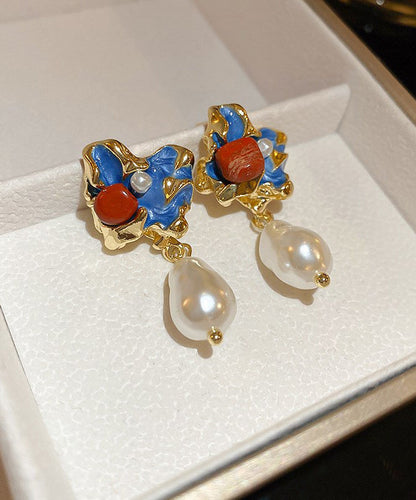 Chinese Style Multicolor Alloy Pearl Drip Glaze Asymmetrical Drop Earrings