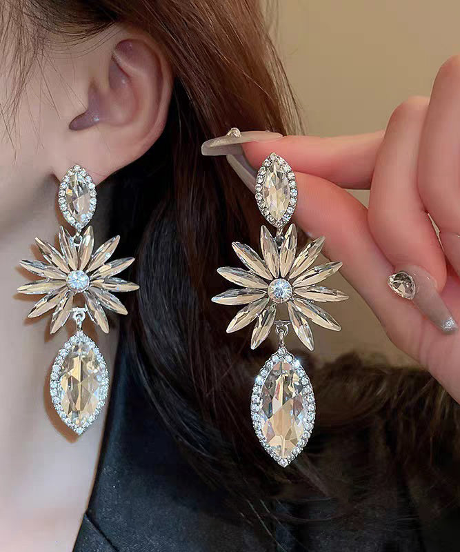 White Alloy Zircon Water Droplet Drop Earrings