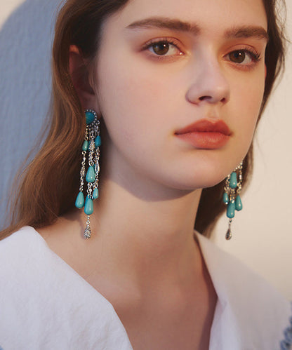 Blue Zircon Water Drop Tassels Silver Plated Drop Earrings