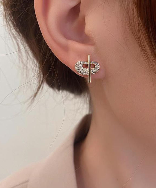 Art Gold 14k Gold Zircon Asymmetric Chinese Characters Stud Earrings