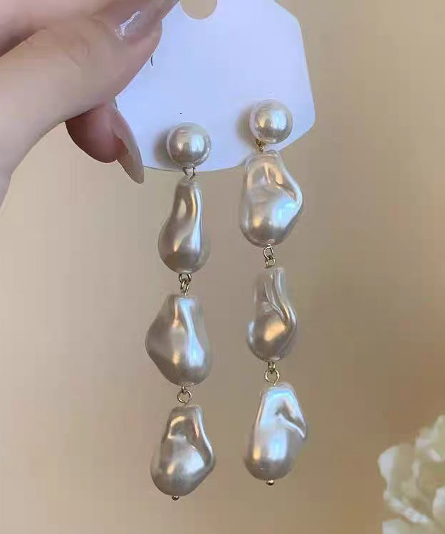 White Alloy Pearl Tassel Drop Earrings