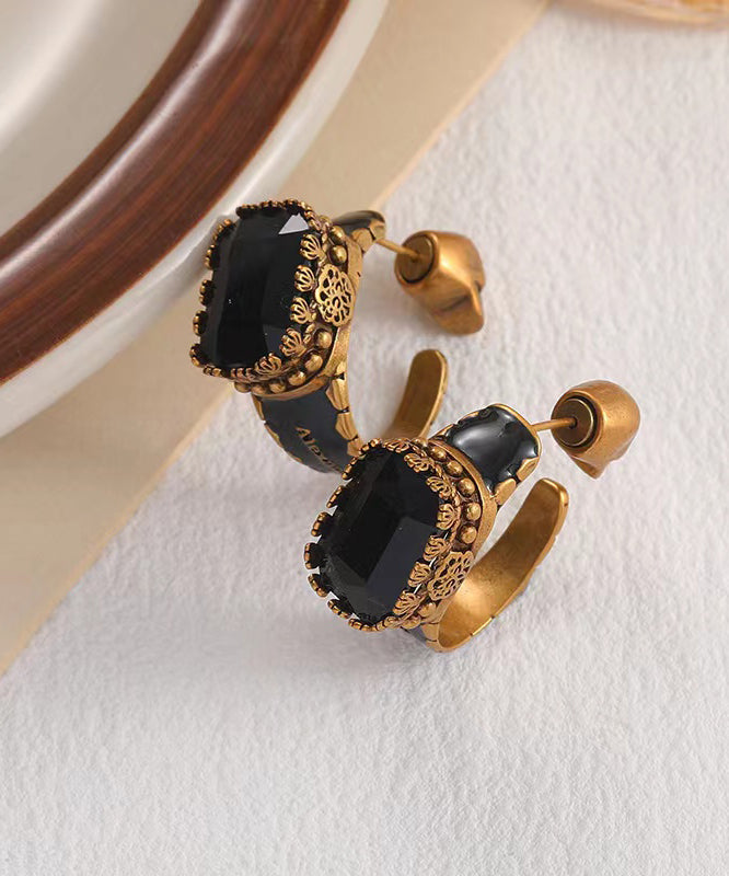 Gold Copper Overgild Gem Stone Skull Hoop Earrings