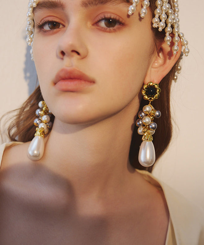 Exaggeration Gold Grape Bunches Pearl Water Drop Alloy Drop Earrings