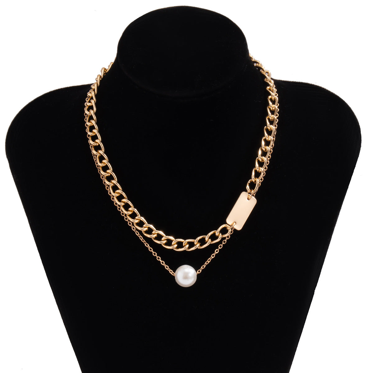 Simple Double-layer Geometric Square Pearl Necklace Temperament and Generous Metal Chain Neck Necklace