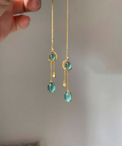 Skinny Green Sterling Silver Overgild Zircon Jade Moon Water Drop Tassel Drop Earrings