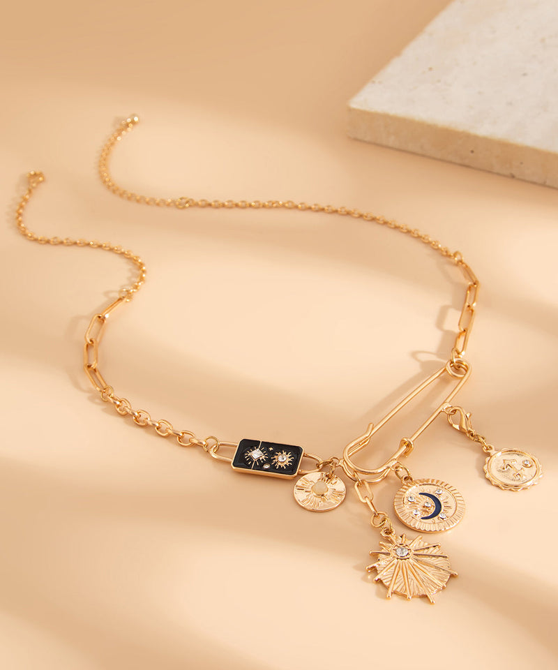 Gold Copper Alloy Zircon Pin Asymmetrical Cross Pendant Necklace