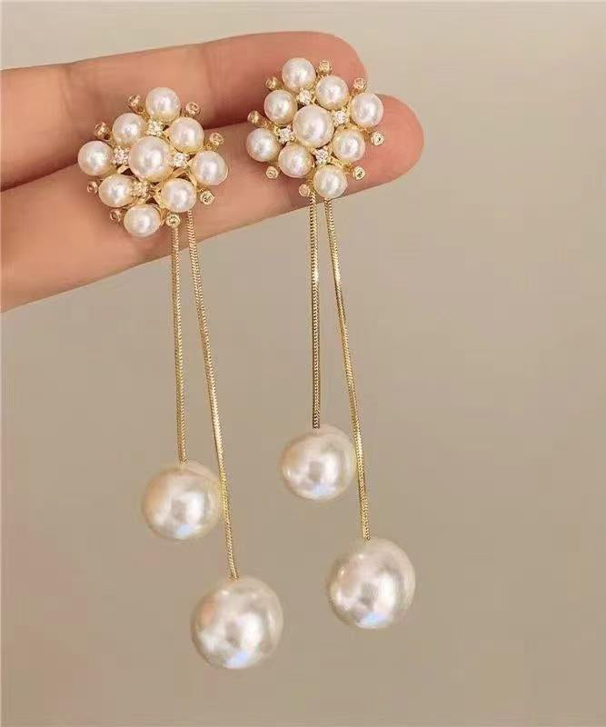 Stylish Gold Copper Overgild Zircon Pearl Tassel Drop Earrings