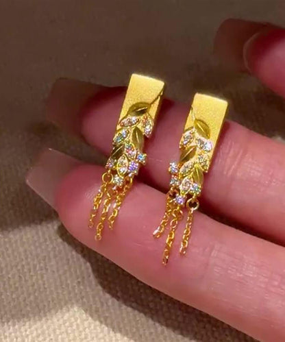 Gold Copper Alloy Zircon Fallen Leaves Tassel Stud Earrings