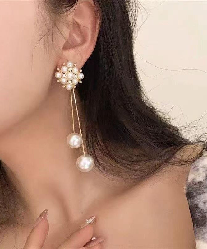 Stylish Gold Copper Overgild Zircon Pearl Tassel Drop Earrings