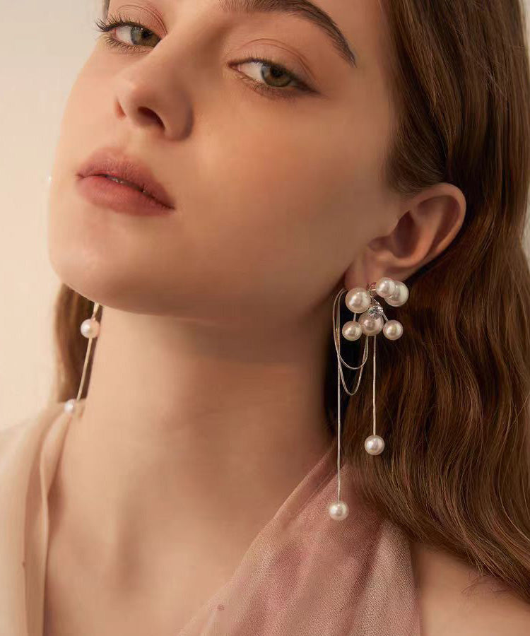 Light Tassel Pearl Long Stud Earrings