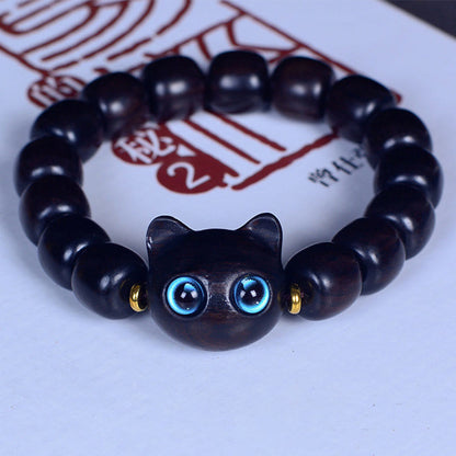 Buddha Stones Ebony Wood Liuli Glass Cat Peace Balance Bracelet