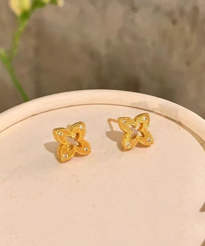 Art Gold Copper Overgild Zircon Hollow Out Stud Earrings