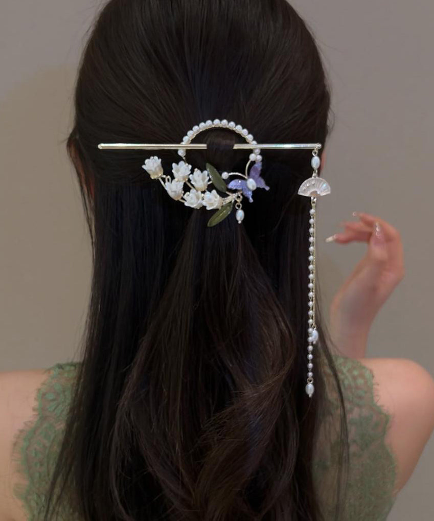 Retro White Alloy Pearl Lily of the Valley Tassel Hairpin