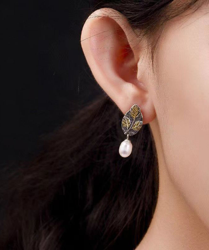 Colorblock Sterling Silver Pearl Leaf Drop Earrings