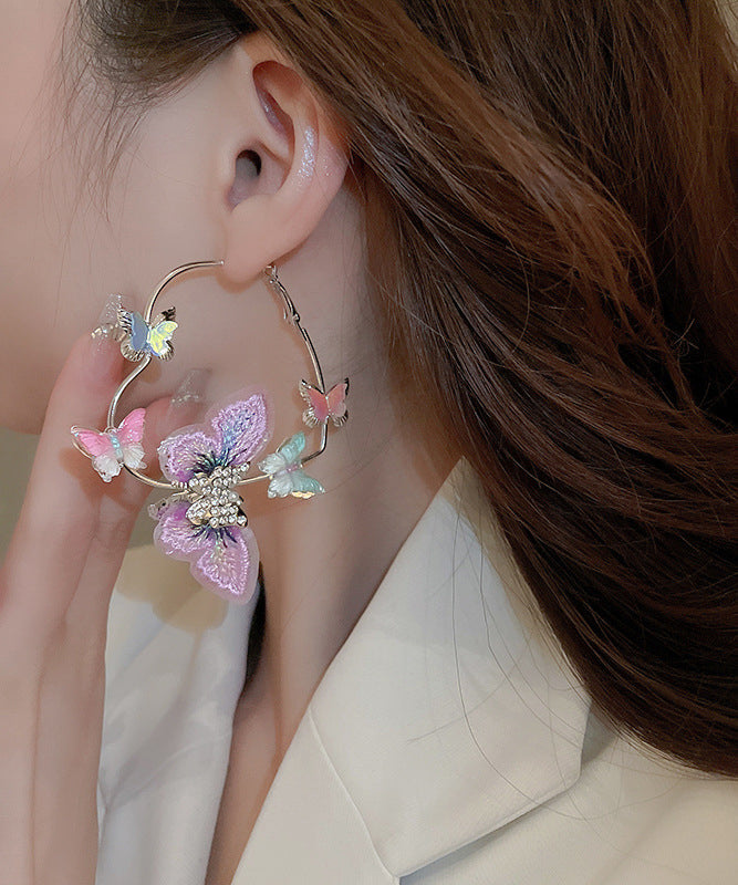 Purple Sterling Silver Alloy Zircon Butterfly Love Hoop Earrings