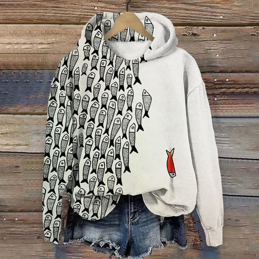 Comstylish Abstract Geometric Fish Art Print Casual Long Sleeve Hoodie