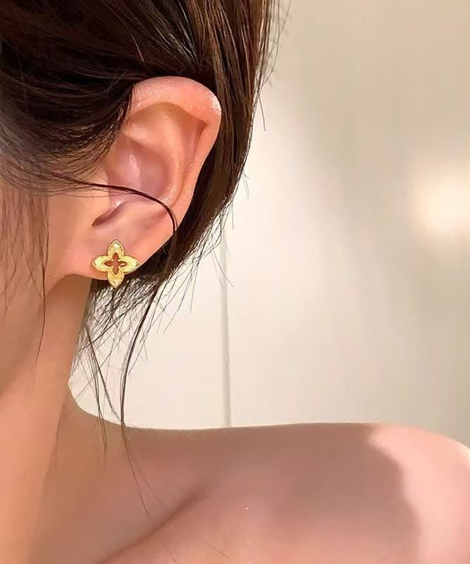 Art Gold Copper Overgild Zircon Hollow Out Stud Earrings