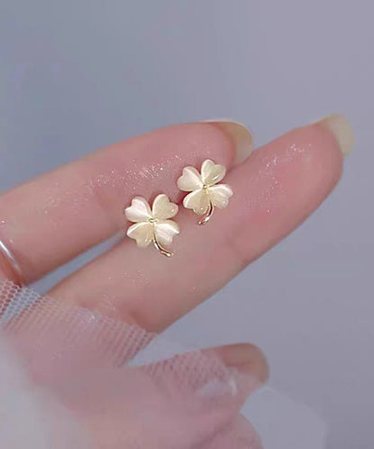 Apricot Alloy Cat's Eye Stone Four-leaf Clover Stud Earrings