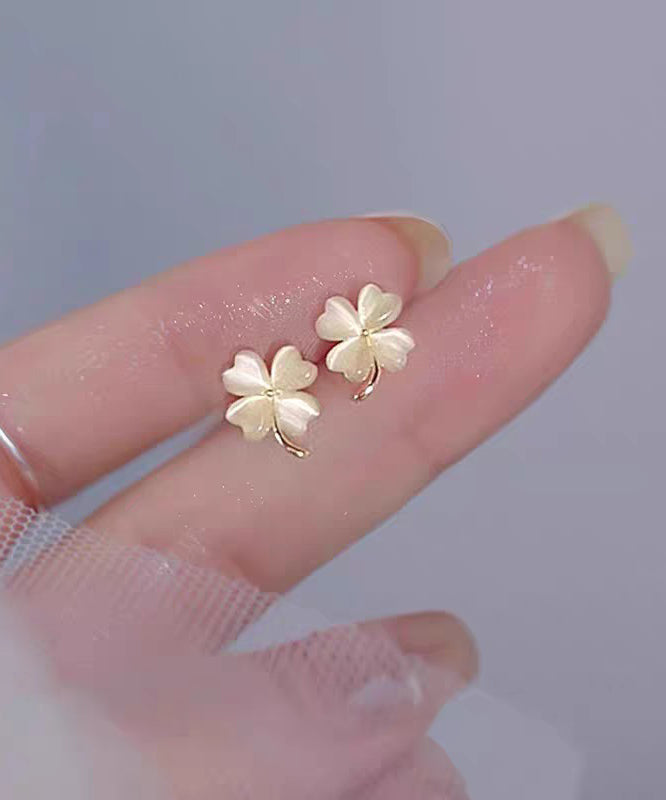 Apricot Alloy Cat's Eye Stone Four-leaf Clover Stud Earrings
