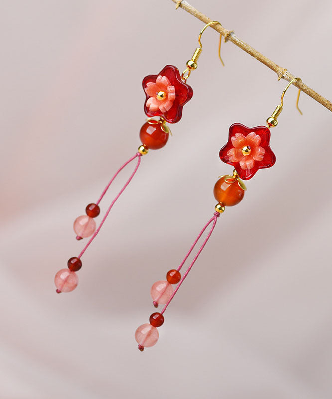 Red Flower Crystal Wedding Drop Earrings