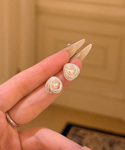Beige Sterling Silver Overgild Entangle Pearl Stud Earrings