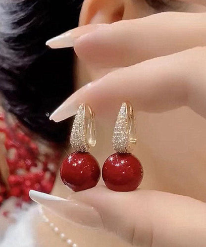 Diy Red Copper Overgild Zircon Pearl Drop Earrings