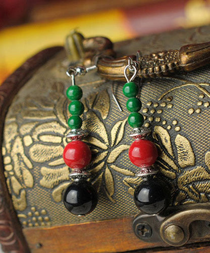 Multi Agate Beads Tibetan Style Silver Drop Earrings