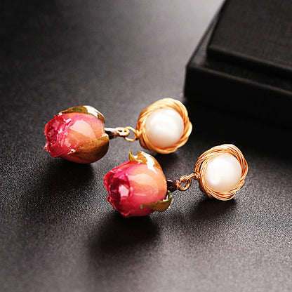 Red Gradient Color Sterling Silver Alloy Pearl Rose Drip Oil Drop Earrings