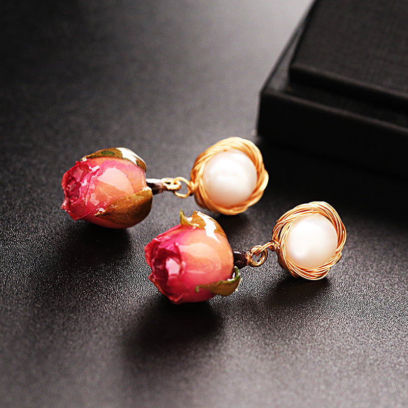 Red Gradient Color Sterling Silver Alloy Pearl Rose Drip Oil Drop Earrings