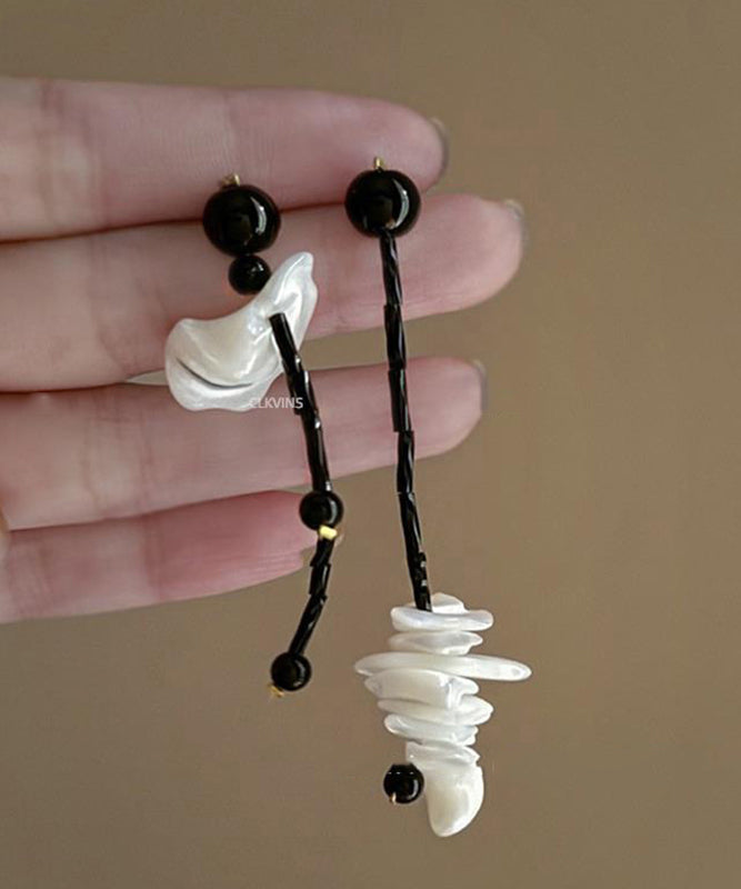 Black Alloy Shell Asymmetrical Tassel Drop Earrings