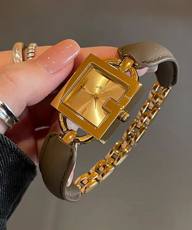 Brown Gold Leather Patchwork Chain Quartz Movement Square Watches