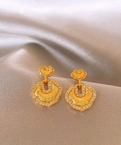 Gold Copper Overgild Zircon Ruyi Lockstud Earrings