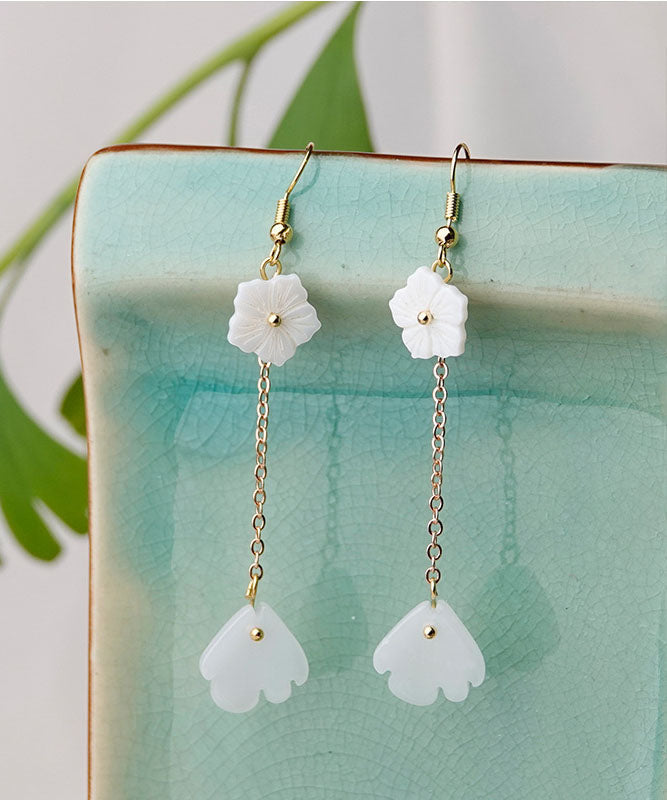 Simple White Coloured Glaze Tassel 14k Gold Drop Earrings