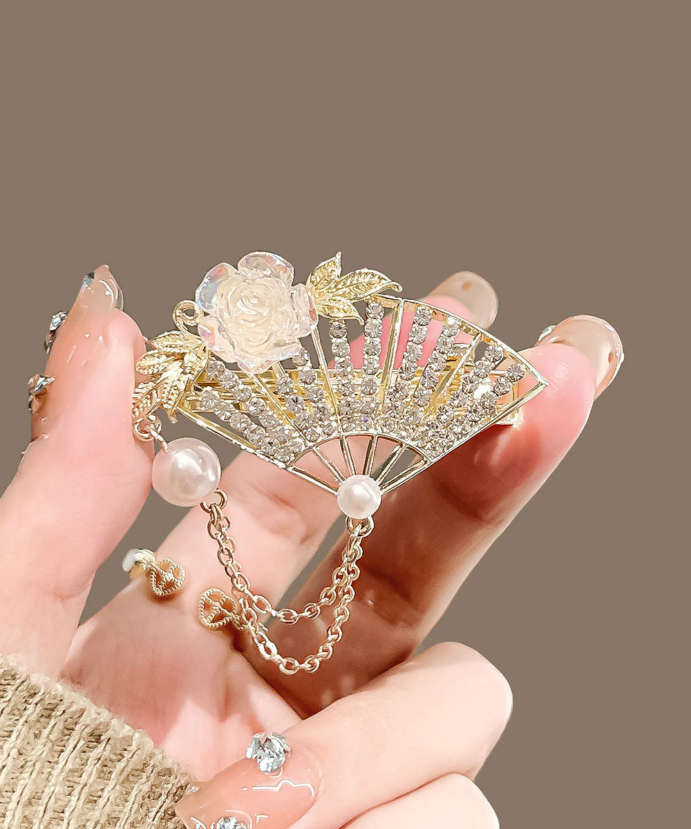 Golden Yellow Alloy Crystal Pearl Fan Tassel Duck Mouth Hairpin