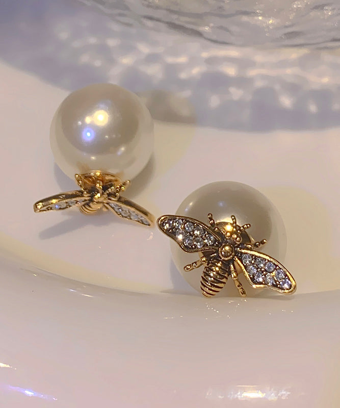 Gold Sterling Silver Copper Overgild Pearl Bee Stud Earrings