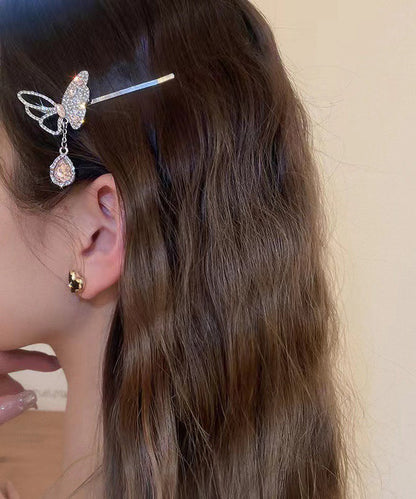 Fine Pink Alloy Zircon Butterfly Water Drop Tassel Hairpin