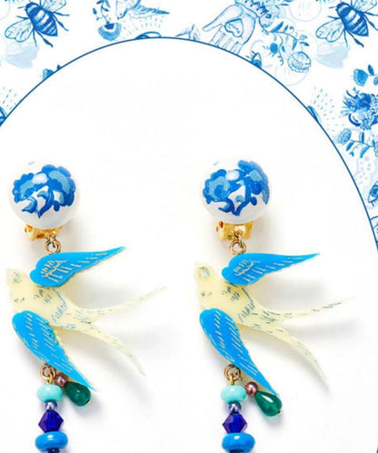 Original Design Blue Alloy Bird in Flight Drop Earrings