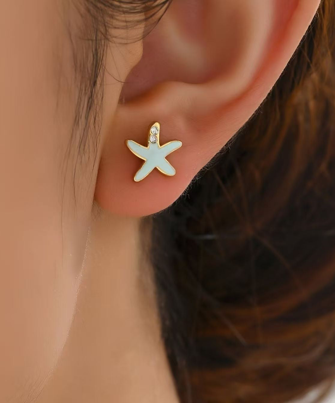 Diy Blue Copper Alloy Zircon Starfish Shell Stud Earrings