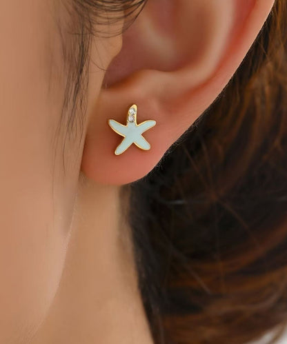 Diy Blue Copper Alloy Zircon Starfish Shell Stud Earrings