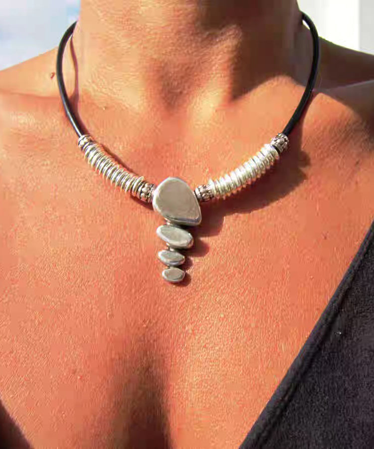 Simple Colorblock Leather Alloy Patchwork Pendant Necklace