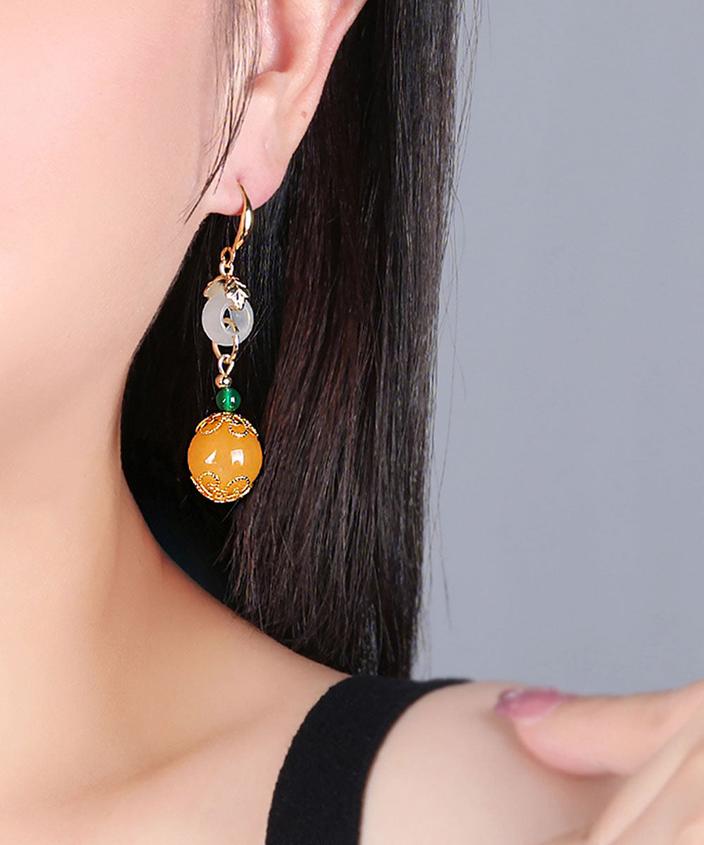 Yellow Sterling Silver Overgild Jade Drop Earrings