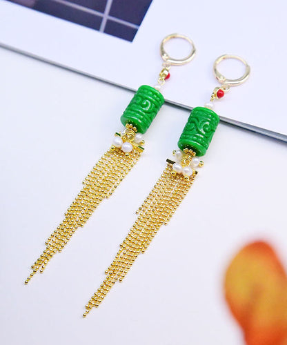 Green 14k Gold Jade Pearl Dry Green Tassel Drop Earrings