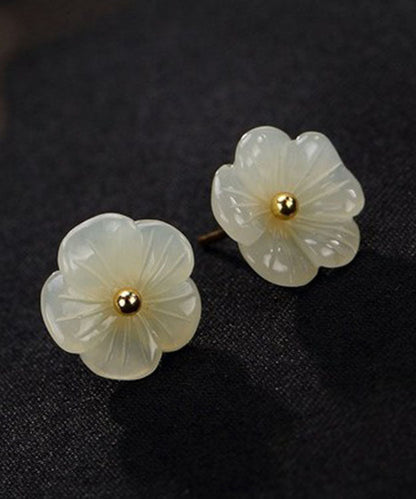 Simple White Sterling Silver Inlaid Jade Stud Earrings