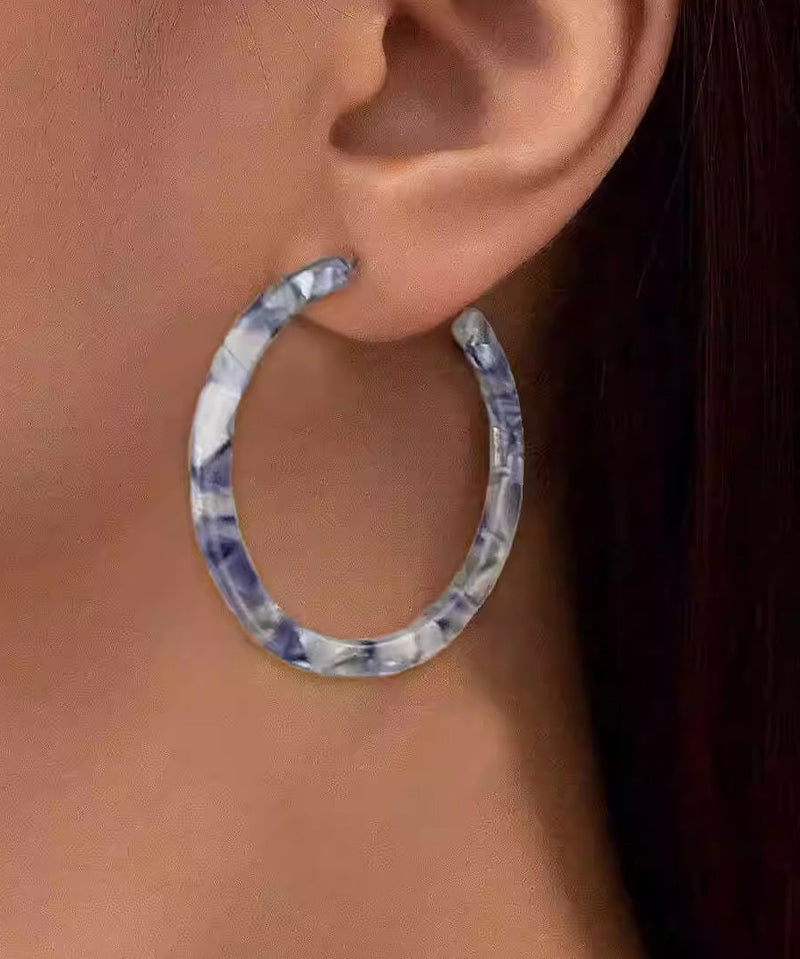 Oversize Blue Print C Type Geometry Hoop Earrings